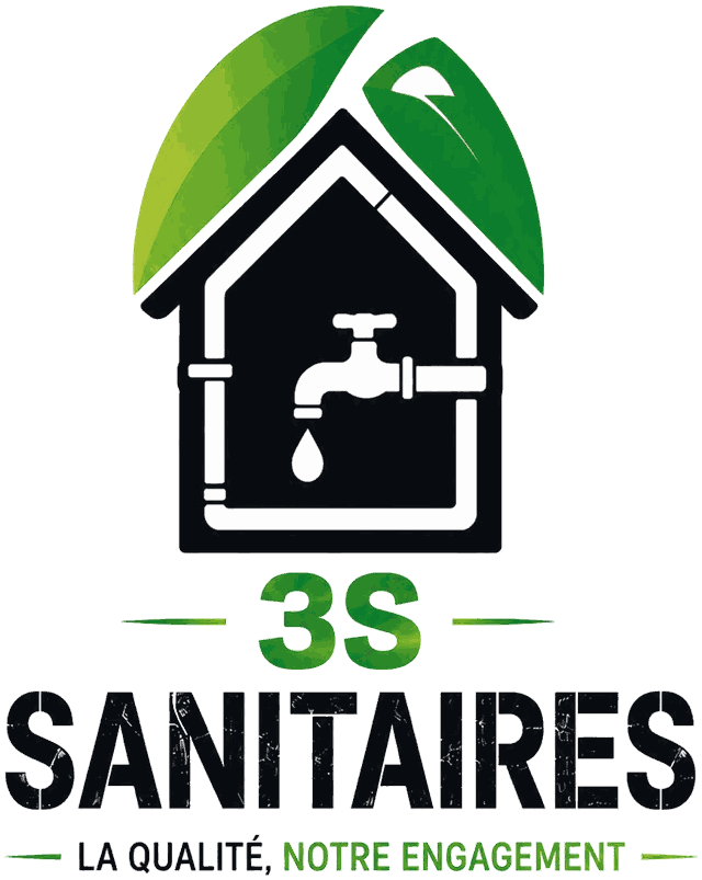 Logo 3S Sanitaires : une maison avec un robinet, deux feuilles vertes sur le toit, et la devise La qualité, notre engagement.